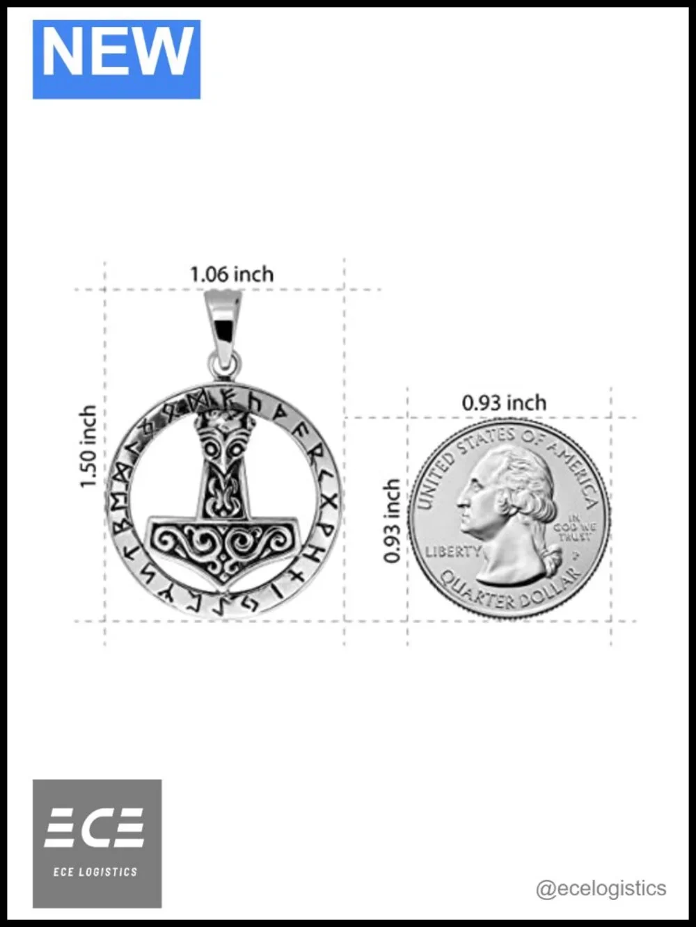 Sterling Silver Viking Mjolnir Thor Hammer Pendant Necklace Amulet Norse